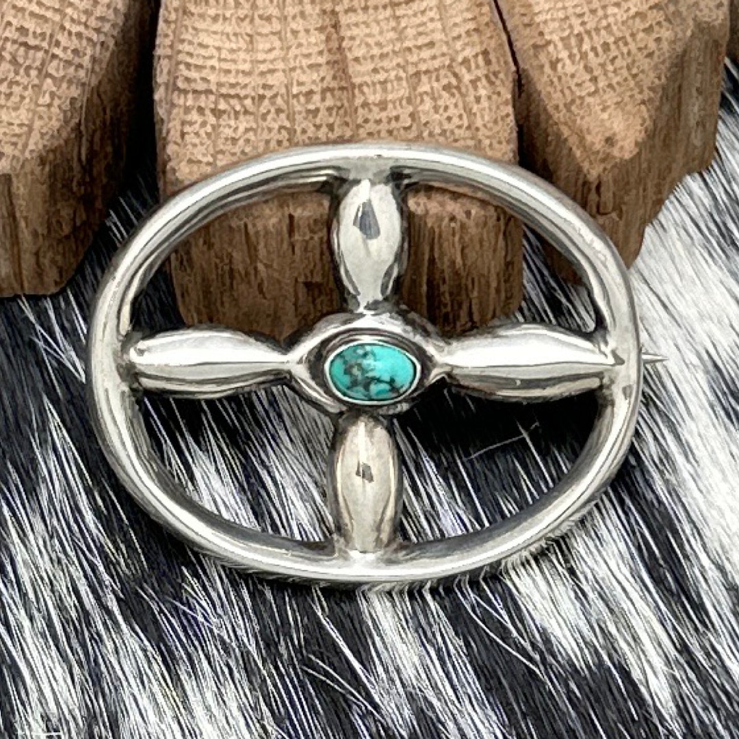 1980s Native American Navajo Solid Sterling Silver Turquoise Oval Pin 4 Parts 80$